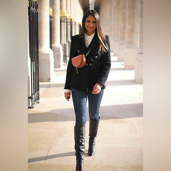 ZARA BLACK BLAZER TWEED WITH GOLD BUTTONS COAT JACKET - Picture 5 of 12